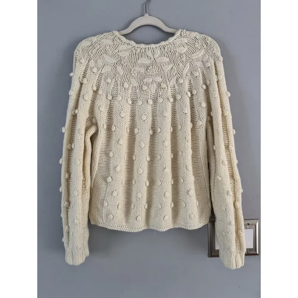Hunter Bell Cream Pom Pom Chunky Knit Cardigan Sweater Women’s Size Large Wool - Picture 2 of 6